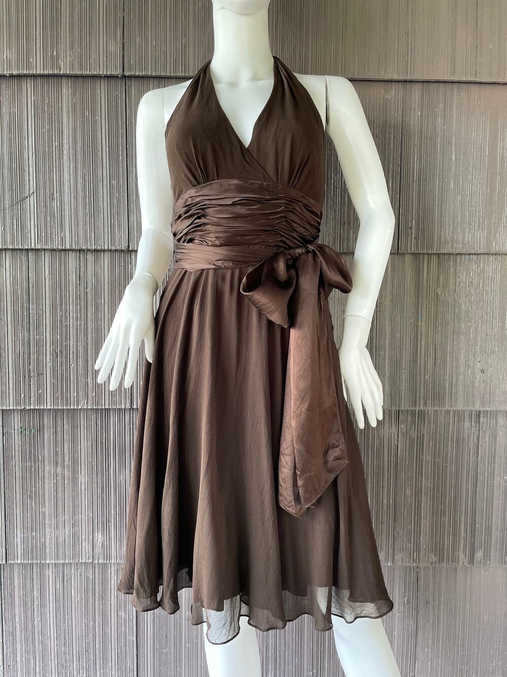 🔥VTG Y2K Silk Maggy London Halter Neck Brown Chiffon Ruched Waist Whimsigoth
